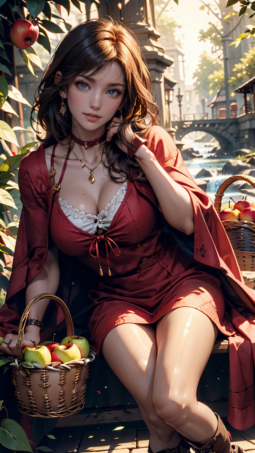 （Girl lives with wolf），Little Red Riding Hood and the Big Bad Wolf，Ball head，Round glasses，Bright red hooded cloak that hangs down to the knees，puff short sleeve dress，Big bow，Carrying a basket of fruit，Candy   House，at a forest，the dark forest，cabin in the woods，allure，natural  lightting, Glass jars filled with candy, Frosted window glass, Decorative panels, Whimsical decoration, Sugar carving, 8K, k hd, Detailed faces, 詳細な目，hyper realisitc, + Cinema lenses + dynamic combination, Beauty and the Beast，Huge beasts，Mature female figure, slim toned body,mediuml breasts,perspired,Wet hair,(very delicate beautiful),Contour deepening, realistically, Precise geometry, Complicated details, Smiling,Close-up cleavage,Charming and sexy legs，((Sexual suggestiveness)),Attractions,(post impressionist),,(Fechin Oil Painting - Fechin Oil Painting , oil painted), 0