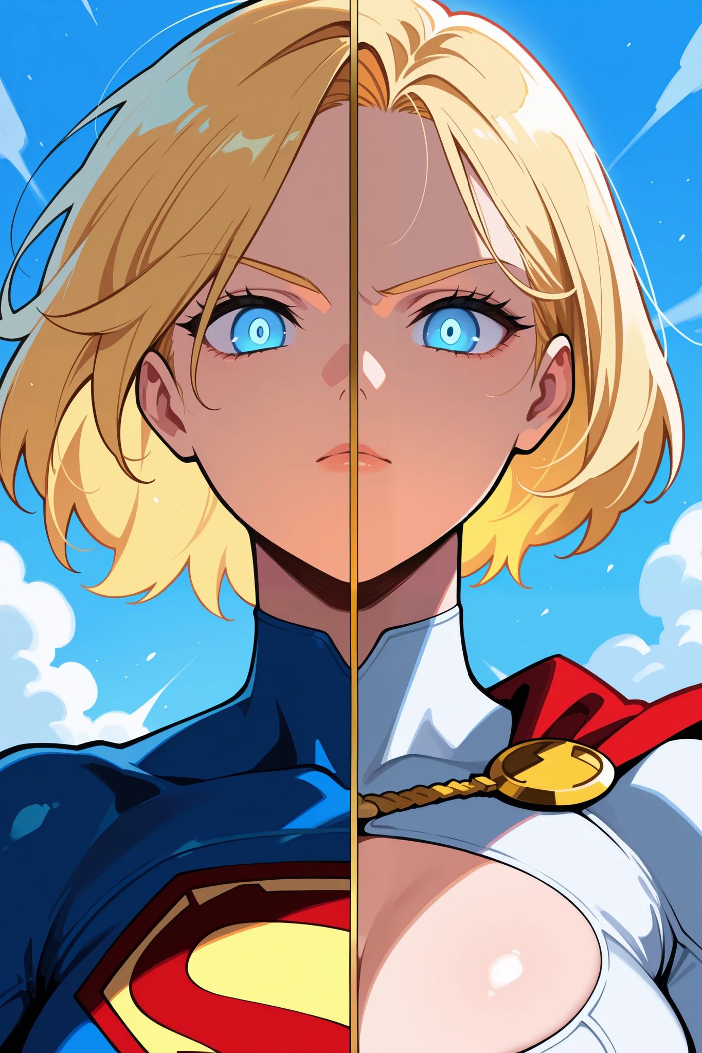 masterpiece, best quality, amazing quality, very aesthetic, newest,SplitScreen, split screen, upper body, 1girl, power girl,, BREAK, Supergirl, metropolis