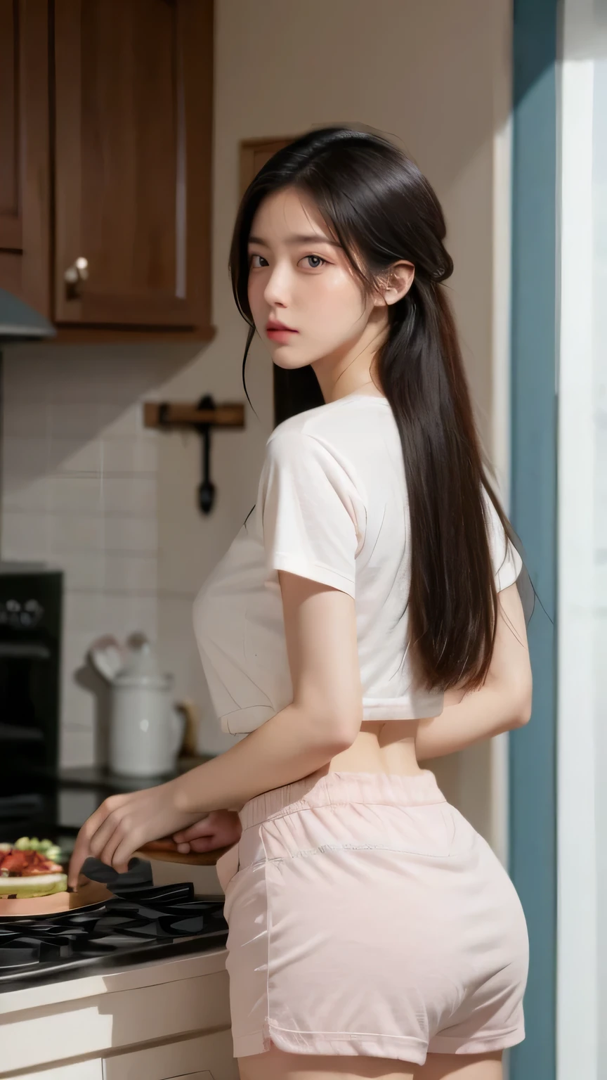 1girl, ass, solo, indoors, kitchen, shirt, ponytail, black shirt, realistic, window, long hair, , breasts, bottomless, curtains, standing, cup, food, cooking, plate, short sleeves, holding, brown hair, black hair, from behind, stove, medium breasts, masterwork, masterpiece, best quality, dynamic lighting , dynamic pose,, dynamic angle, , , (realistic:1.2), (lineless:1.2), detailed, aged up, adult, depth of field, dynamic lighting, blurry, cheekbones,