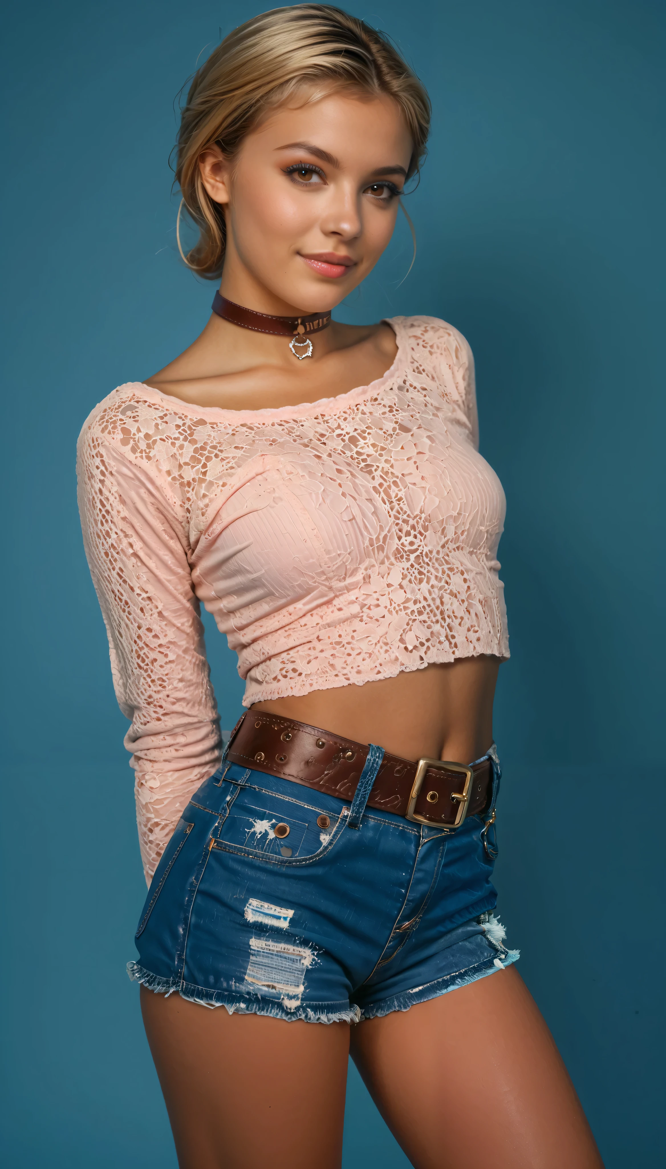 dark-skinned blonde girl, model, italian face type, very tanned, perfect cute features, brown eyes, dimples, summer makeup, short blonde hair, bob hairstyle with straight bangs, bangs are a must, sexy figure, hands behind her back, punished, slave choker, girl wears cropped pink blouse with long sleeves and very short denim micro-shorts with a belt, shorts completely expose legs, long slender tanned legs, girl posing flirtatiously, too hot summer, hot summer outfit. daisy dukes style, american hollywood style, 80s vibe, miami vice, hyperrealism, bright colors