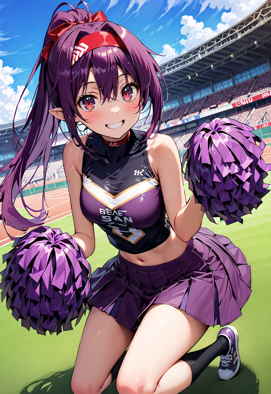 1girl,solo,cute, smile,cleavage,looking at viewer,long hair,pink hair, brown eyes,cheerleader,pom pom \(cheerleading\), crop top,midriff,miniskirt,stage,stage lights,spotlight,