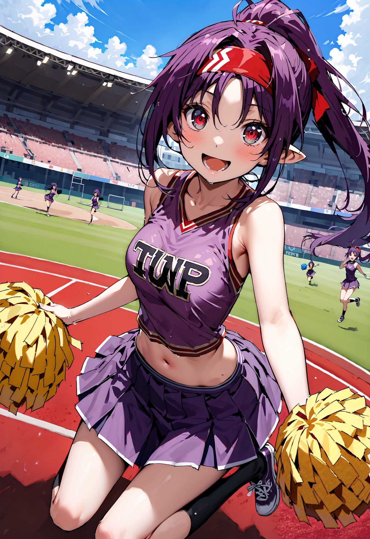 score_9, score_8_up, score_7_up, source_anime,
yuukikonno, yuuki konno, red headband, long hair, pointed ears, purple hair, Red Eyes,ponytail,smile,cover,opens her mouth,(Cheerleading), (full body), on chest, (sweated), sweated Wet Clothes, ( purple clothes),sleeveless, pleated skirt,black socks,sneakers with a ladyback letter, stomach button support , playground, (jump), (jump), 両足を曲げてjumpする, blue sky, Compa, smile,cheerleader, Pom-pom \(Cheerleading\) real hair ornaments,angle for luxurious kisels from below,full bodyがイラストに入るように,break outdoors,Stadium,
break looking at viewer,full body,
break (masterpiece:1.2),top quality , kampala,unity 8k 壁紙,(shape:0.8),( fine and beautiful eyes :1.6),It's a person ,full body写真,CG Details , (perfect hands,complete anatomy),