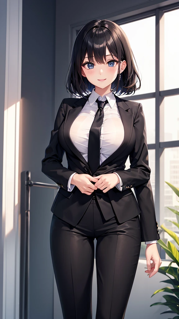 super fine illustration, vibrant colors, masterpiece, sharp focus, best quality, depth of field, cinematic lighting, ultra detailed, sleeves, cropped business blazers, black skirt, office lady, navel, bare midriff, hips, 1 woman, home, solo, milf, slender, blush, angry, room, indoors, mature female, tall woman, looking down, v-shaped eyebrows,  medium breasts, pantyhose, hand on desk