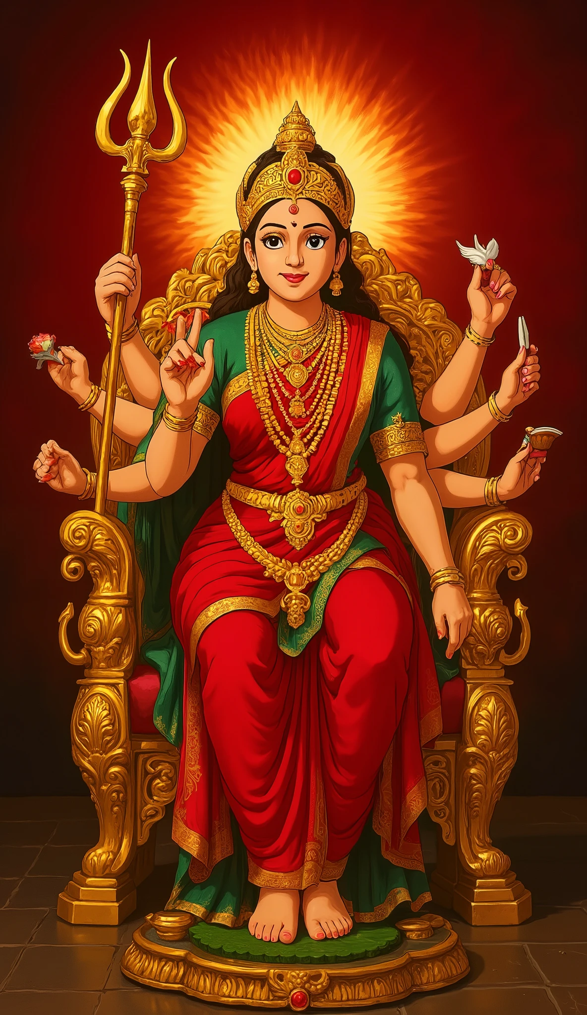A divine Hindu goddess seated on a golden throne, adorned in a vibrant red saree with intricate gold embroidery. She has multiple arms, each holding symbolic weapons and items. The Trishul (trident) in her hand is significantly larger than usual, radiating divine energy. Her golden Mukut (crown) is smaller than traditional depictions, yet elegantly detailed. A fierce yet benevolent expression graces her face, with glowing eyes symbolizing power. The background is a deep red with a mystical aura and a halo of fire behind her. The setting is regal and spiritual, with golden ornaments, garlands, and traditional jewelry enhancing the sacred ambiance."