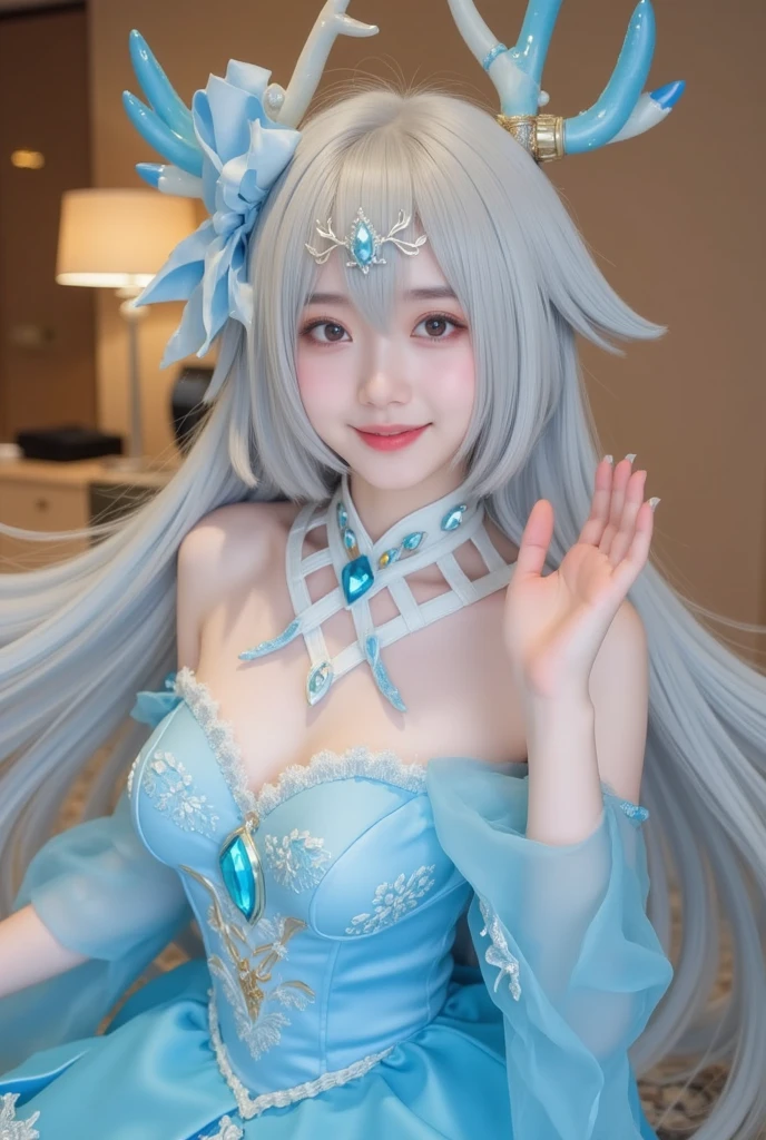 the greatest masterpiece, best quality, bokeh, depth of field, 8K, uhd, HDR, (Realistic realistic raw photos, whole body), Very high ultra-high resolution, looking to the side, kamisato ayaka (봄flower 편지), kamisato ayaka, blunt forehead, Very detailed and delicate expression, very realistic and realistic,butterfly headdress, hai,flower,blue dress, 1 woman, butterfly, detailed, detailed, realistic actual ,blue eyes, flower, headdress, realistic actual, light blue hair, light, 현실적 사실적인 실제 light, very realistic인 그림자, light 반사, light source tracking, outdoors, alone, have, sky, cloud, forehead, long sleeves, possession, looking at viewer, blue butterfly, haziness, give, dress, afternoon, very realistic, blue sky, chest, 큰 chest, cloudy sky, blush, put your index finger up, blue flower, laugh, closed mouth, possession fan