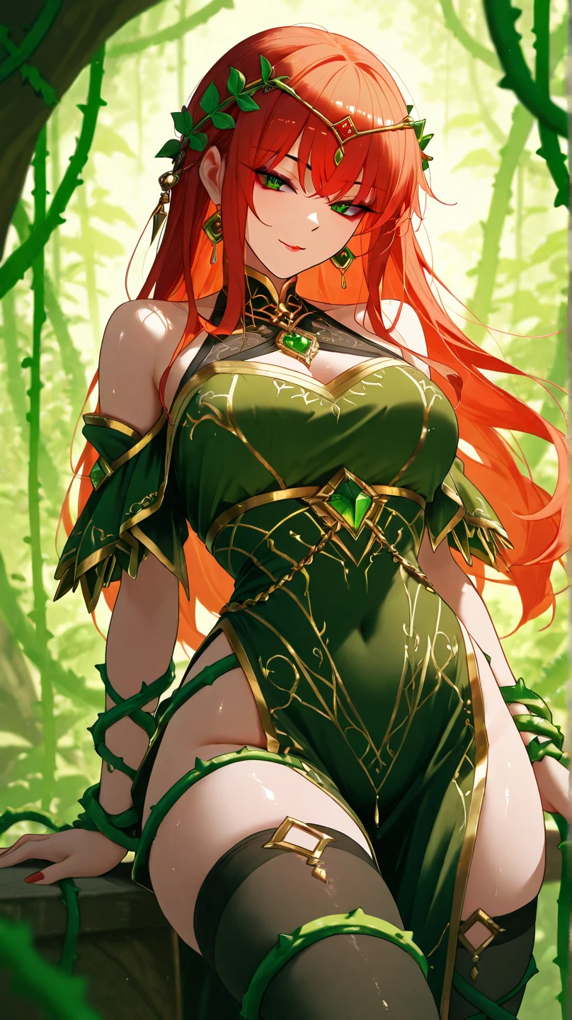 long orange hair, green eyes, large cleavage, holding keys, holding chastity cage