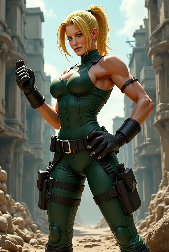 Sonya Blade, (Mortal Kombat), sexy girl, powerful, green classic sexy suit, botas negras tipo militar, cinta verde en la frente, Young, skynny body, small and beautiful buttocks, toned abdomen, small and beautiful breasts, obscene, sensual, pose de artes marciales dando patada a la altura de la cara, ciudad en llamas, edificios destruidos en el fondo, Dramatic background, overflows a lot of energy in your body, guns, mirando al espectador, sensual look, beautiful green eyes, classic hairstyle,Hair dyed in bright blonde color, best quality,4k,8k,A high resolution,masterpiece,Ultra detailed,realistic, Photorealistic,photo realistic, ultra realistic