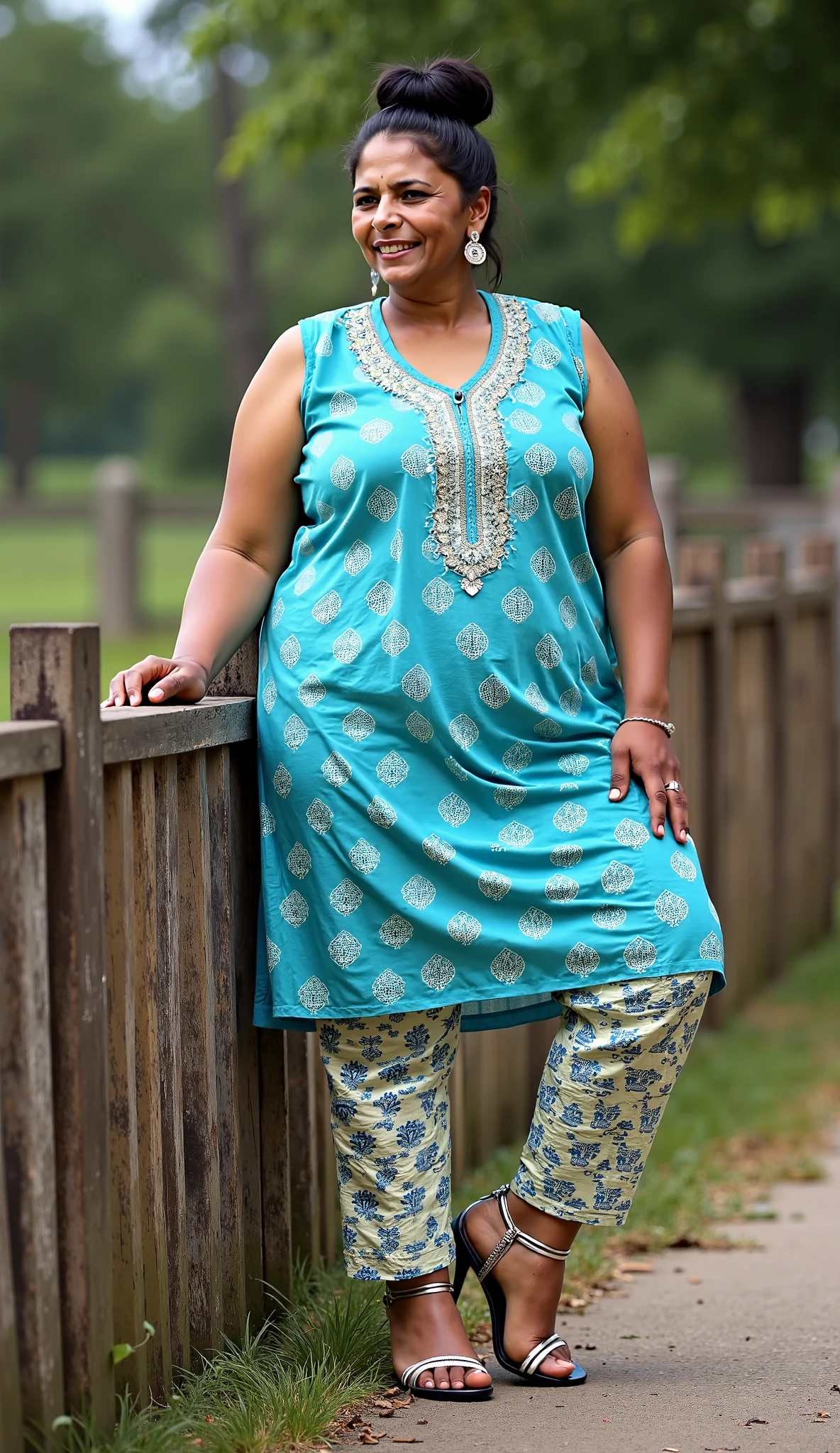 Day scene, A radiant, full-figured South Indian 35 year old aunty a blue colour chiffon mini skirt and black chiffon shirt, standing, in a garden captured in a full-body image with vibrant hues and meticulous details. Full body image