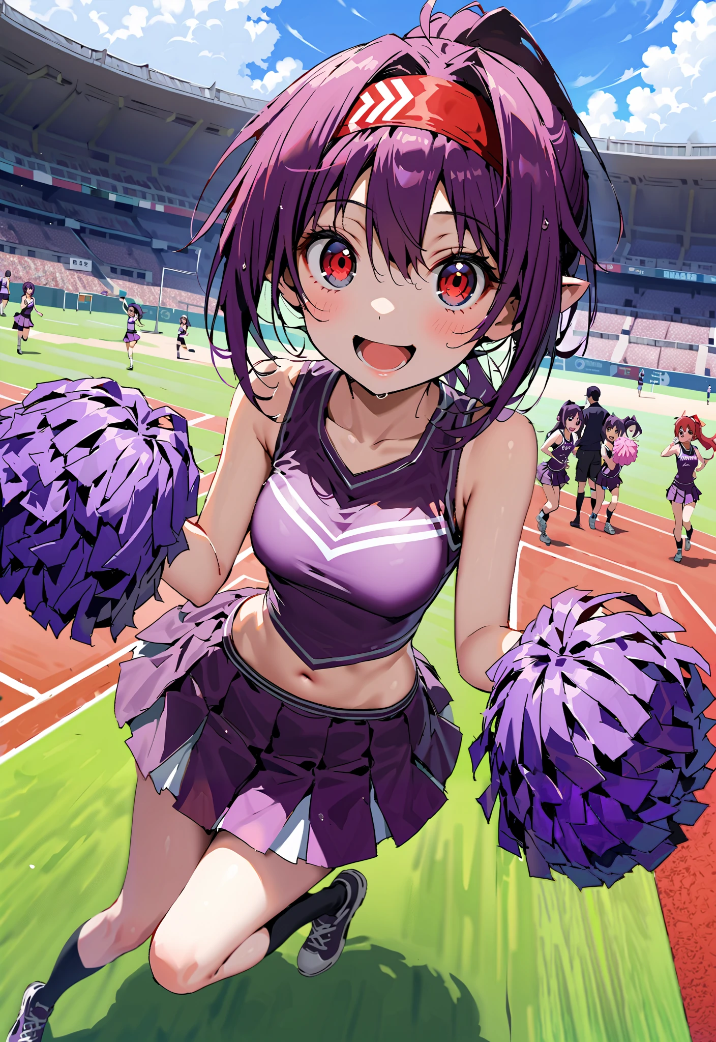 score_9, score_8_up, score_7_up, source_anime,
yuukikonno, yuuki konno, red headband, long hair, pointed ears, purple hair, Red Eyes,ponytail,smile,cover,opens her mouth,(Cheerleading), (full body),  on chest, (sweated), sweated Wet Clothes, ( purple clothes),sleeveless, pleated skirt,black socks,sneakers with a ladyback letter,  stomach button support , playground, (jump), (jump), 両足を曲げてjumpする, blue sky,  Compa, smile,cheerleader, Pom-pom \(Cheerleading\) real hair ornaments,angle from above,full bodyがイラストに入るように,break outdoors,Stadium,
break looking at viewer,full body,
break (masterpiece:1.2),top quality , kampala,unity 8k 壁紙,(shape:0.8),( fine and beautiful eyes :1.6),It's a person ,full body写真,CG Details , (perfect hands,complete anatomy),
