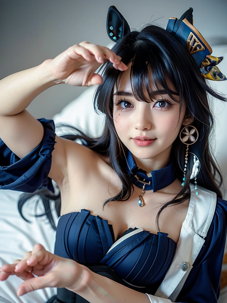 128,000 Female Models , Huge breasts, eye, ((Long Hairstyles)), High resolution , Upper Body, No background, Studio Lighting , ((Royal gold shiny random dress,Hierarchical Layers,Underbust)Headdress made from hair, A bow tie, Multicolor pleats (This beautiful woman in light blue、, Patterned Dress) In bright colors