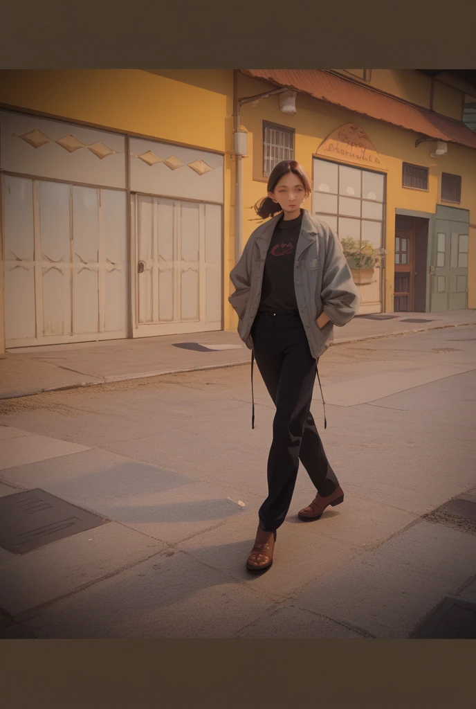 her name is Asako, high quality, 1girl, ((20-year-old fit Caucasian woman)), ((20 years old)), ((slim)), ((Edgy Bowl Cut hair)), pose: standing, wearing edgy Generation-Z modern wear bright colored, BACKGROUND:At the Tsim Sha Tsui Promenade, with stunning views of the Victoria Harbor and the Symphony of Lights show