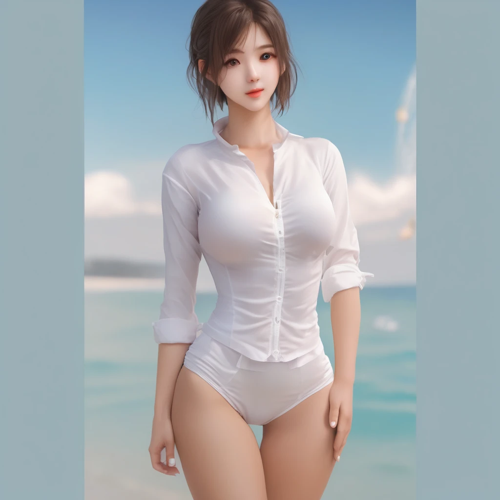 masterpiece,best quality,absurdres,photorealistic,mature female,sagging breasts,<lora:meijing:0.6>,brown_hair,brown_eyes,long_hair,large_breasts,single_braid,cleavage,hair_over_shoulder,white one-piece swimsuit,