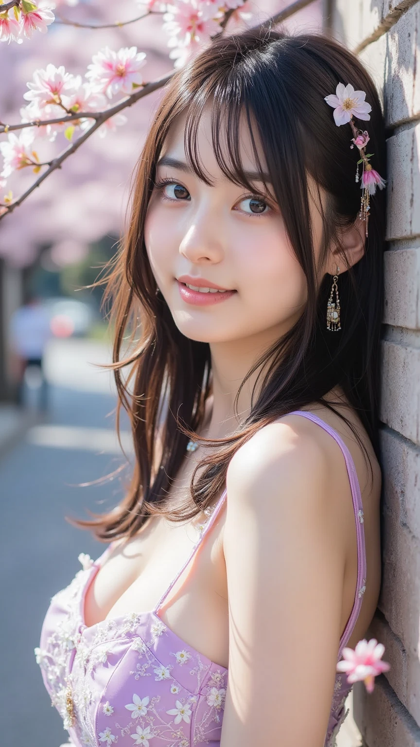 A 19-year-old girl with the cute face of an idol at the tender age of 15。Gentle and cute。Please smile kindly。She's in a bikini、The bust is a little large　Walking in the cherry blossom snow　Raw photo。real life。sofa。No copyright notice