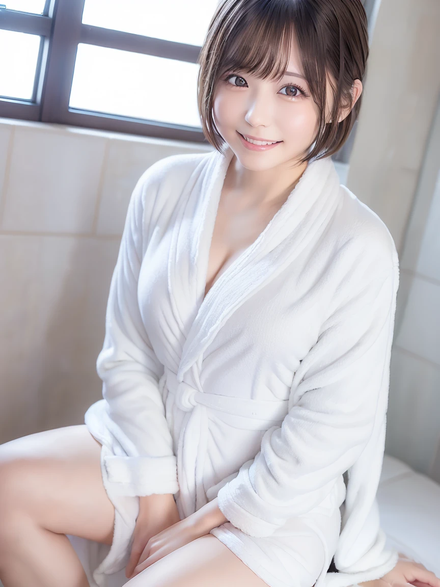 Highest quality, (beautiful)Large breasts、Brown Hair、Looking into the camera、Be excited、Love Hotel、Bathrobes