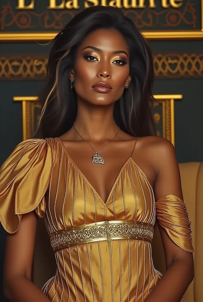 35mm film photography, Dramatic, front-view street portrait of a Nigerian woman in magnificent Versace haute couture, depicted as a powerful superhero in front of the Lacerda elevator. Meticulously detailed facial features and ornate, intricate clothing, illuminated by vivid fluorescent lighting that merges Gucci, cinema, and Darkcore Baltic Violence aesthetics. Captured in a fashion editorial style, similar to the work of photographer Lidewij Edelkoort, the image is elegant, realistic, and visually captivating., high detail, vibrant color palette, Golden-hour lighting, cinematic angle composition, 50mm