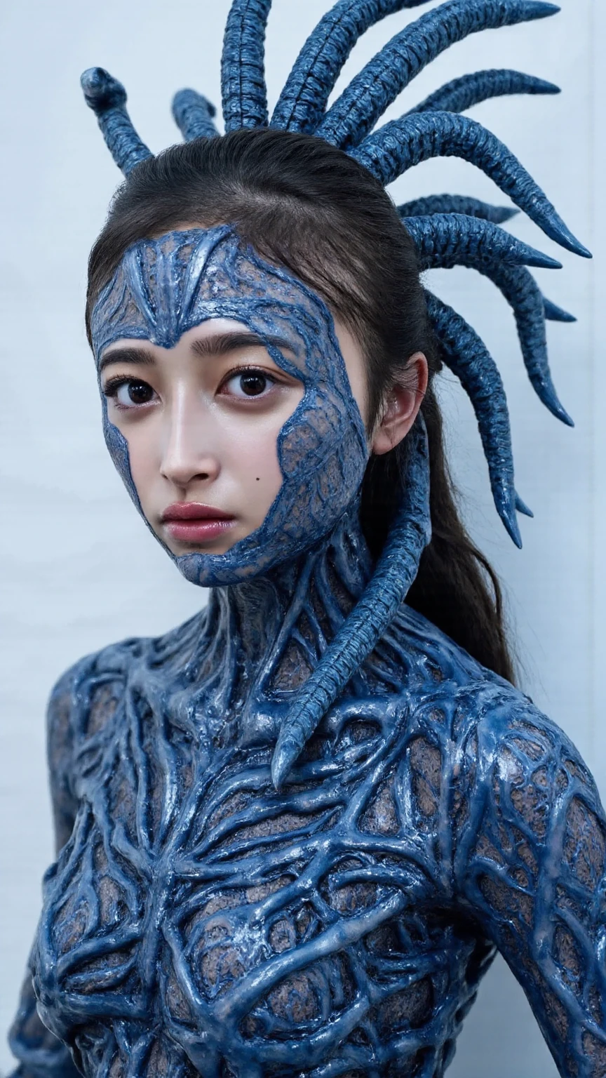 ????, 人型の女性aliens, 人間の女性にaliensが融合, Movie Lighting, ultra high definition, masterpiece,  accurate, SUPER DETAILS, High detail, 高quality, Award-winning, Highestのquality, Highest, 16k, Detailed Faces, Realistic Textured Skin from a Vacuum Cup, PERFECT ???????, perfect finger, 女性aliens, beautiful face, enchanting, Red Eyes,   completely ???????????,  full body image, Front, ????, Leaves Traces of a Human Figure, The base of the body is the human figure, 肉body変異, Japanese Female ???????, Japanese Women's ????????, thick dark hair, ランダムなaliensへの変貌状況, 女性は  completely ?????です, are not wearing anything, Shapely ???????, Realistic Textured ???????  , SUPER DETAILSな??, Exaggerated ???????, body shape changes based on human time, Biologically Correct, The effects of transformation act from within the body, The skin of the whole body has been drastically transformed, transformed while maintaining traces of human ???????, her skin all over her body is stained blue,  人間とaliensのハイブリッド, A perfect fusion, (Tentacle-like hair,  Skin with Lots of Blue Mechanical Tentacles :1.5), aliens, cell, biology, enchanting, Highestのquality, 8k, 4K_quality, high image quality during sick leave, dramatic lighting on a cellular level, 映画のようなquality,  attention to detail , (complicated details:1.2),  ultra high definition , high accuracy, composition focusing on the whole body, depiction of the entire body, SUPER DETAILSなディテール, (Tai Eyebrows:1.2),   beautiful symmetrical eyes  ,