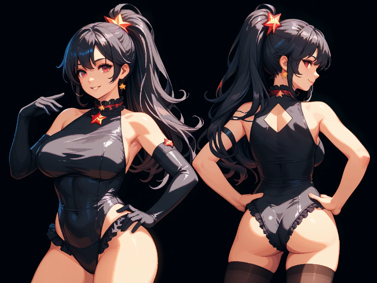 garota baixa, quadris largos, coxas grossas, standing up pose, corpo inteiro, peitos enormes,um close de uma mulher em lingerie posando em duas poses diferentes, concept art by senior character artist, art-station, arte conceitual, thicc, menina anime sedutora, loli small body, head red loli