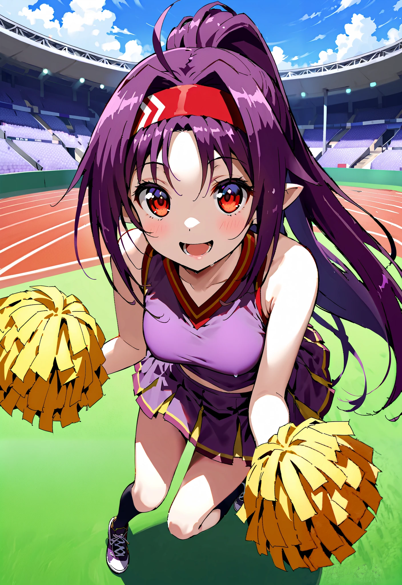 score_9, score_8_up, score_7_up, source_anime,
yuukikonno, yuuki konno, red headband, long hair, pointed ears, purple hair, Red Eyes,ponytail,smile,cover,opens her mouth,(Cheerleading), (full body), on chest, (sweated), sweated Wet Clothes, ( purple clothes),sleeveless, pleated skirt,black socks,sneakers with a ladyback letter, stomach button support , playground, (jump), (jump), 両足を曲げてjumpする, blue sky, Compa, smile,cheerleader, Pom-pom \(Cheerleading\) real hair ornaments,angle from above,full bodyがイラストに入るように,break outdoors,Stadium,
break looking at viewer,full body,
break (masterpiece:1.2),top quality , kampala,unity 8k 壁紙,(shape:0.8),( fine and beautiful eyes :1.6),It's a person ,full body写真,CG Details , (perfect hands,complete anatomy),