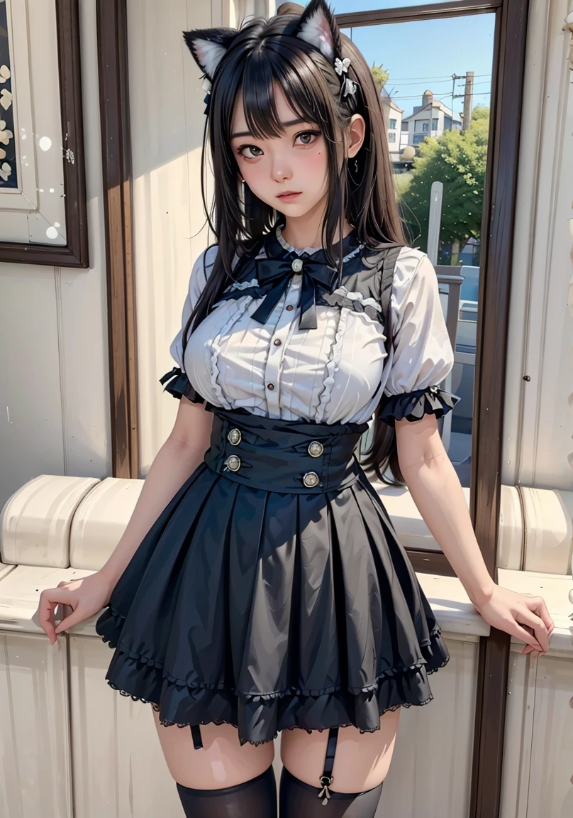 Detailed face、highlight、girl、thigh、breast enhancement、black髪、Heavy bangs、(Ruffled shirt、)(Checked mini skirt、red、black、)