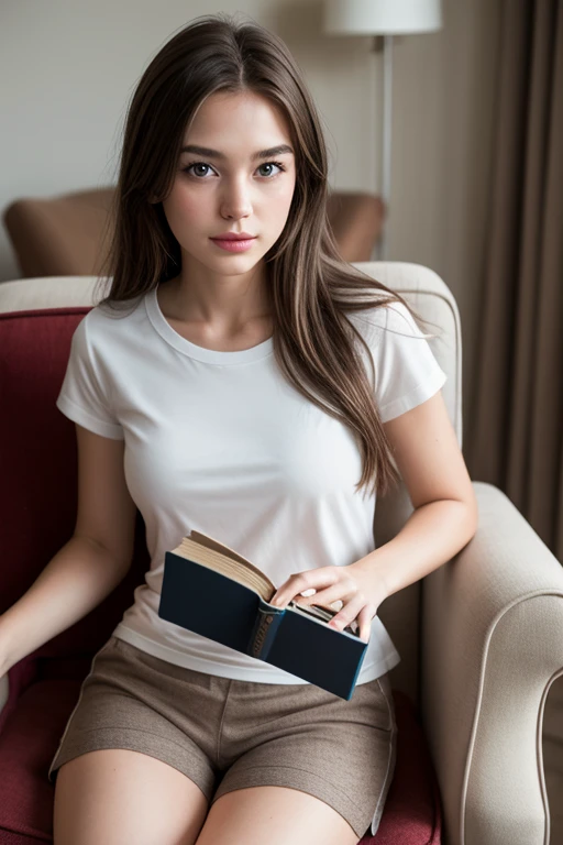 kerala girl, looks like hermoine granger, pen in hand, diary in lap, writing, working, smiling, at home, luxury, in the couch, wearing a full white shirt and jeans, realistic, mobile photography, a long shot, realistic skin texture, raw