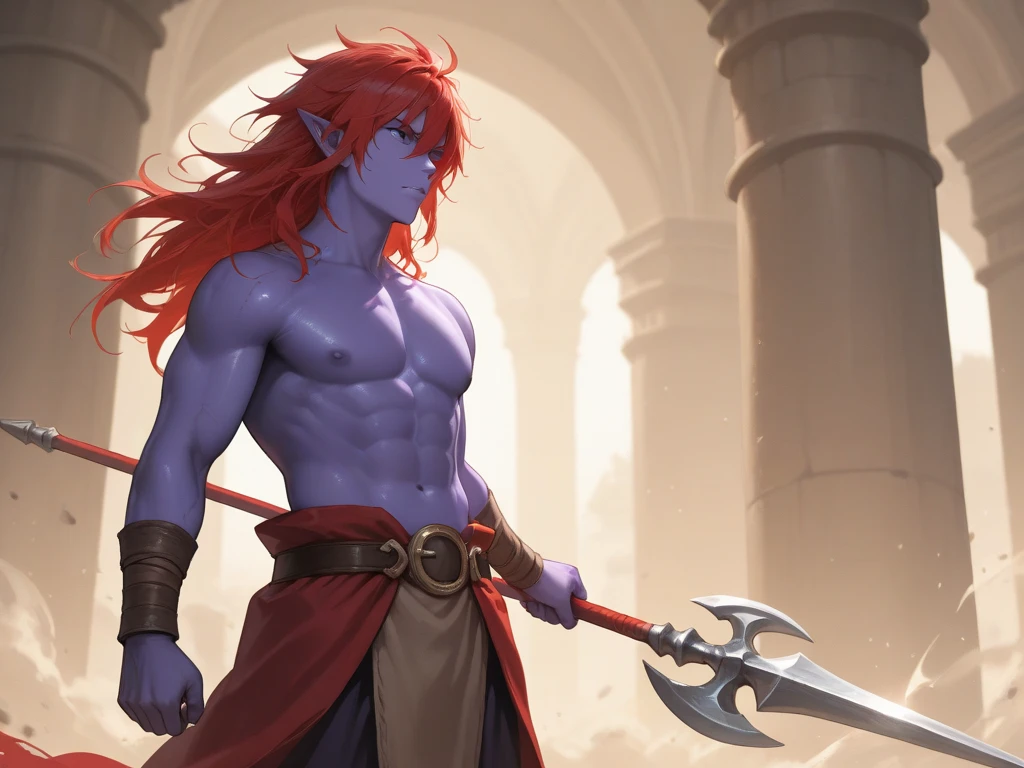 A purple skin man, with pink hair and horns, buff, athletic, big muscles, armor, warrior, big chest