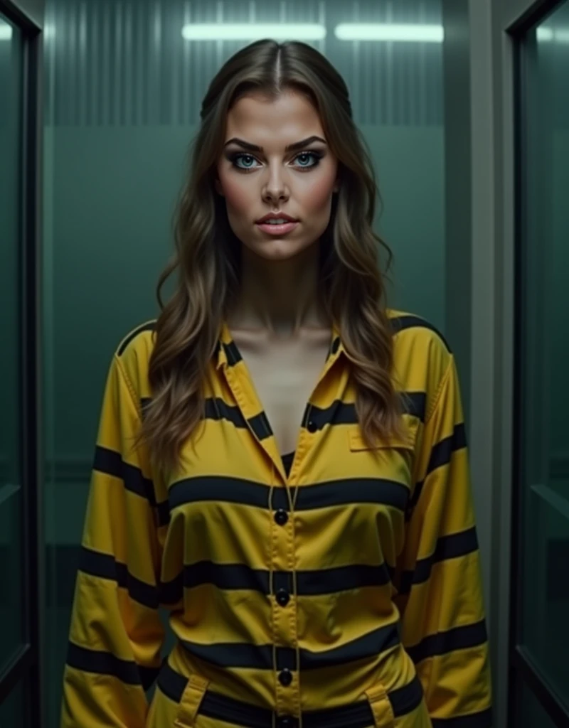 best quality, highres, solo, blonde hair, a female character is wearing a yellow and black colored outfit with a backpack and a yellow vest, dark black and yellow, sports leisure, blue eyes, long hair, hoop earrings, {{ white VR headset}}, chunky cuban link jewelry, medium breasts, pigeoncore, neo-dadaist, mechanized precision, audience member, in lobby, crowd spectator next to vending machine in the style of mecha sci-fi anime