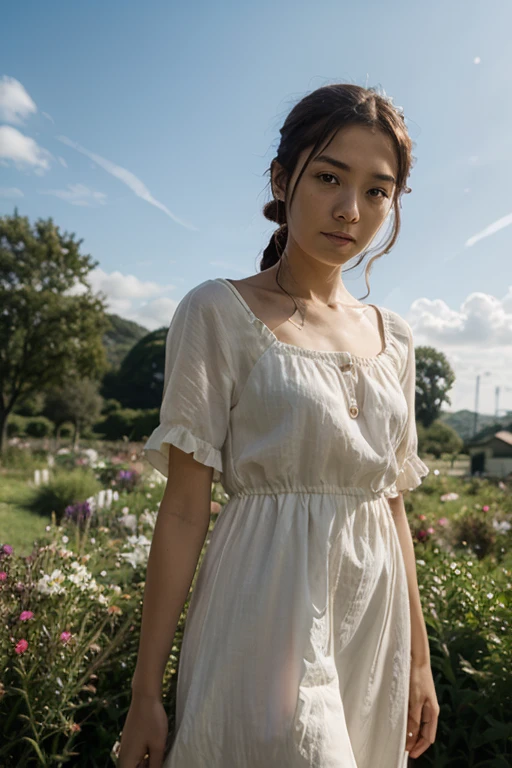 beautiful Asian woman, wearing a dress, white eye lenses, smooth white skin. sitting cross-legged,posing in a beautiful and spacious green meadow with many hills in the background. clear sky, full body view. aerial shot, fisheye lens shot, very realistic, detailed, sharp, best texture