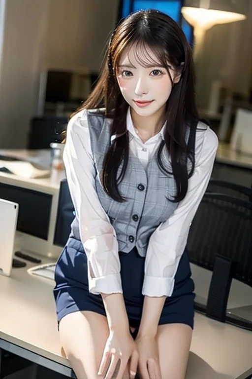 (Highest quality, 8K, masterpiece ), A 12-year-old junior high school student with a young face、Bun hairstyle、 Short Hairstyles、The eyes are large and clear、F cup large breasts、Black Hair、My shirt is about to tear、Glamour thighs:1.2、satin button down shirt, Highly detailed face, double eyelid, Round face:1.2、whole body、Sexy thighs:1.2、Round face:1.3、Side angle,Diagonal horizontal angle:1.2、Pleated mini skirt、Sitting in a chair in a dark office at night with the lights out、A computer is placed in a dark office at night with the lights off.