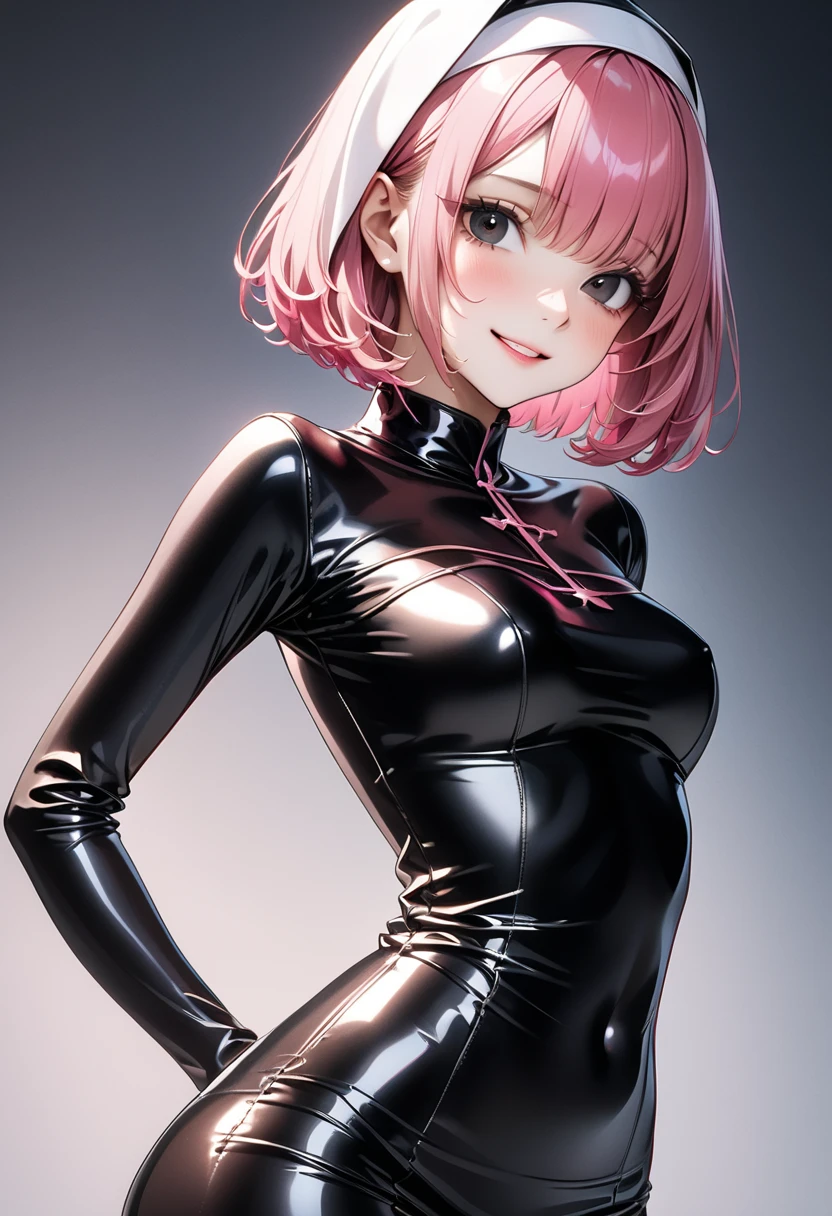 ((formal cropped jacket)), ((bustier)), ((skirt)), ((pantyhose)), , ((Very shiny outfit)), skindentation, skinny, alone, solo, 1 woman, Masterpiece, highest quality, highest quality, 16K, incredibly absurd, highly detailed, 2.5D, ai-generated, delicate and dynamic, very delicate facial expressions, delicate eye depiction, erotic, only sexy woman, ((A cute and kind face)), healthy figure, ((25-year-old woman)), 160cm tall, ((medium firm swaying bust)), medium breasts, (short hair), (pink hair:1.5), bob cut, black eye, blush, Sweat,Embarrassed,sexy, ((thin thighs)), (camel toe:0.7), (visible nipples:0.5), (Erect nipples,:0.7), shiny and lustrous, facing straight at viewer, smile, ((Oily_skin)), dark skin, ((standing)), ((arm at side)), ((erotic pose)),