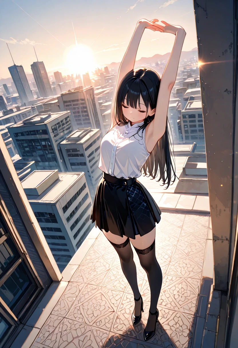 woman, detailed face, aerial angle, 50m tall, wearing skirt, round face, close eyes, open legs, spread vagina, city, (crotch hit to on the top of building), people looking up her, many small cars,