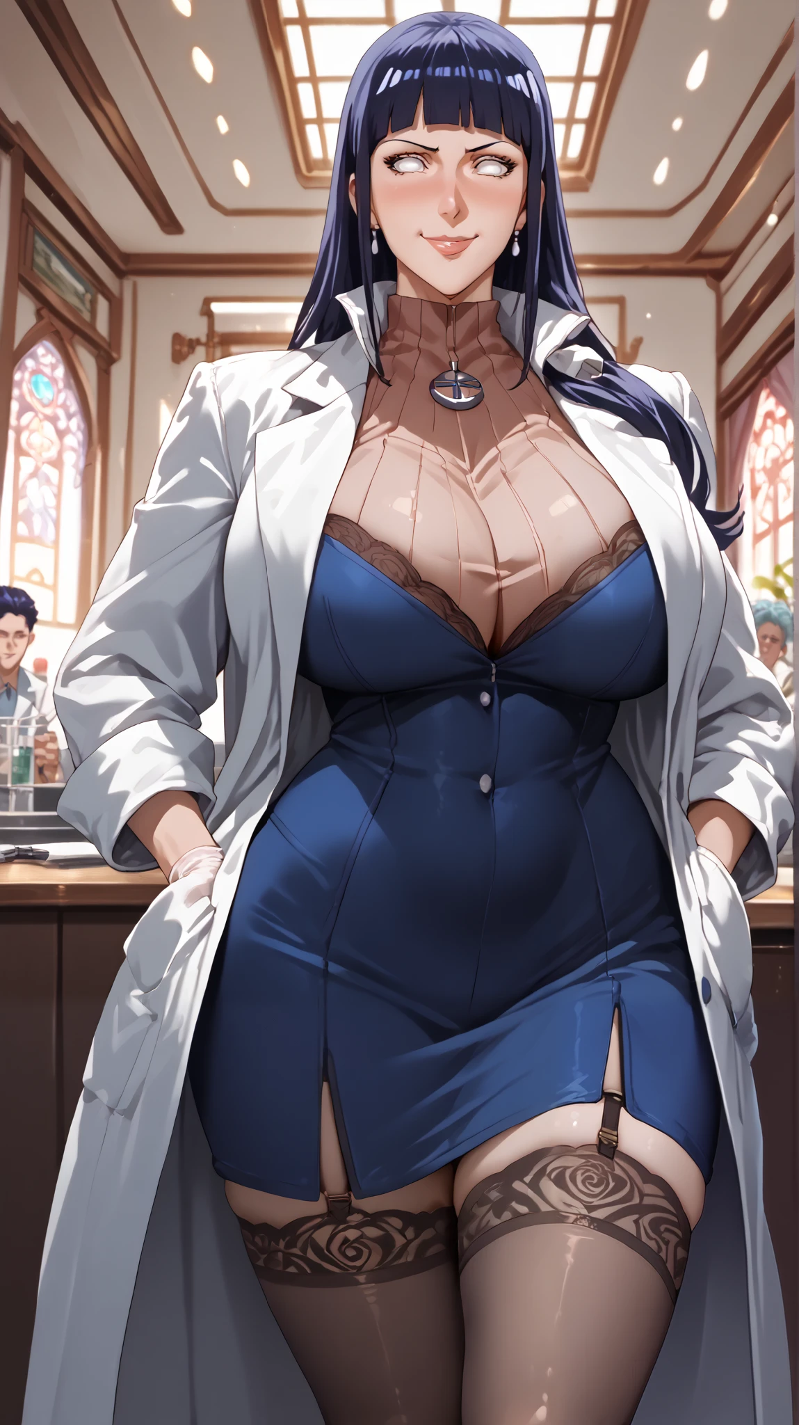 A mature woman,A tall and beautiful mature woman,Cat ears,Erotic lingerie,high-heels,a matural female,Married Woman,Reveal thongs,Vaginal dents are visible in the thongs,huge tit,Oversized cups,gigantic cleavage breasts,White liquid flows out of panties,Wearing a doctor's white coat