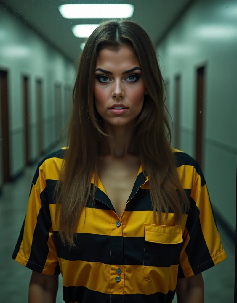 (((Uma mulher jovem))), (cabelos loiros:1.2), ((Roupa do preso:1.2)), inspired by the series "orange is the new black", In a prison scenario, ((Autorretrato frontal)), 8k UHD, DSLR, grain of film, ((olhar sedutora)), Auto retrato de rosto frontal, posing for camera,,lowangle, 24 mm, (((foco nítido:1.5))), (((profundidade de nitidez:1.5))), (fotorrealista:1.5), (textura da pele:1), cinemactic, hiperdetalhado