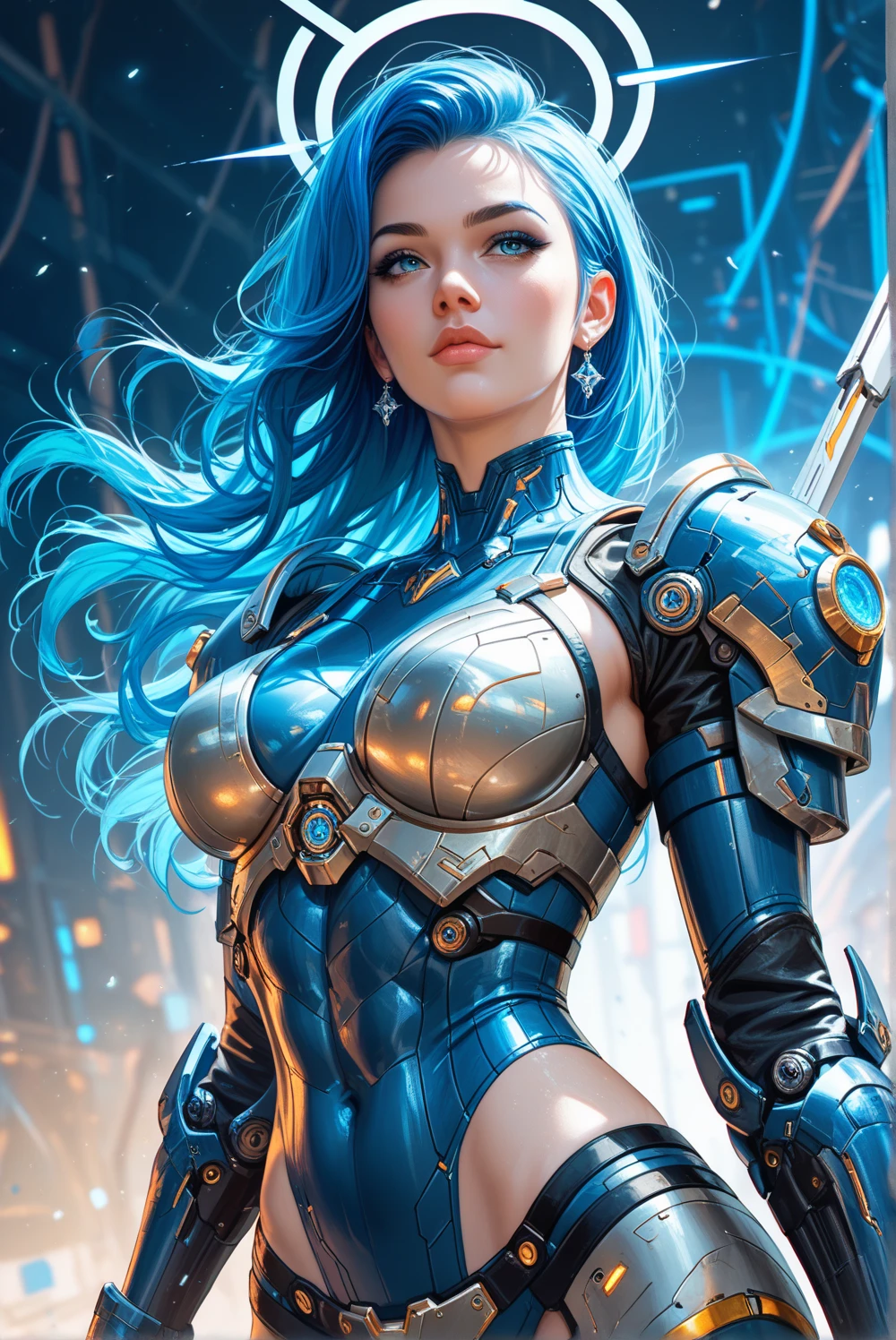 Top image quality, 8k, masterpiece, short-haired blue-haired girl, swordsman, blue luxurious armor, blue eyes, green headband, ideal muscles, perfect skeleton, blue tights,