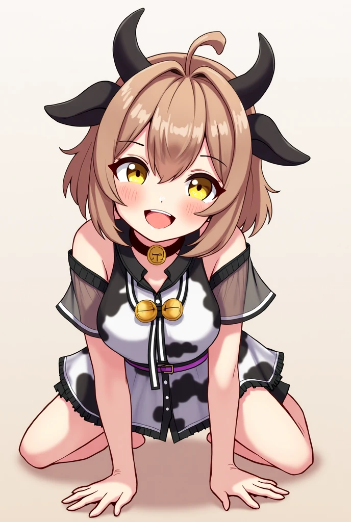 NSFW, Cow print bikini, Cowbell,On all fours、doghouse、 farm、Elementary school girl、7-year-old girl,Transparent pink short hair、Big Mouth、Very beautiful and Shining Eyes、Shining Eyes、1 girl、Large Breasts