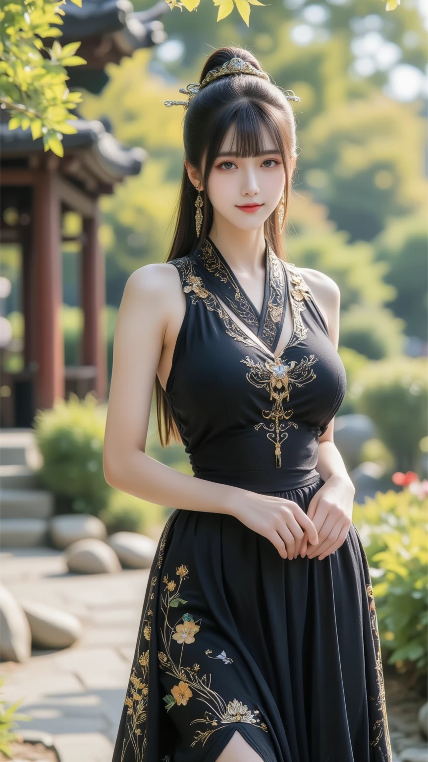 1 beautiful girl, 22 years old,Brown long wavy hair,Full breasts,Gorgeous Hanfu,Sexy,Gorgeous headdress,Exquisite makeup,Long legs,High slit skirt,Sweet smile,Holding a Chinese folding fan,Stand in a splendid palace,Classical Chinese architecture,Realistic style,Level Lighting and Shadow Rendering,full-body shot