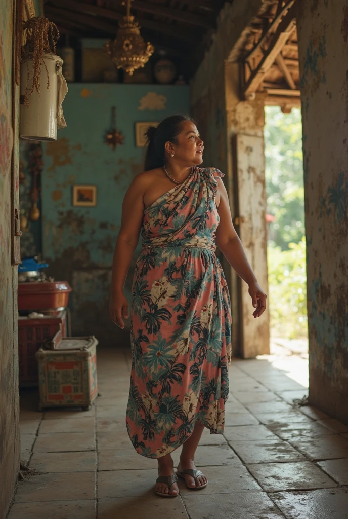 portrait of 35-year-old indonesian woman, a bit chubby, huge breasted, wearing a batik sarong tubedress, holding basket that made from bamboo between her waist and her arm, walking on the land mud, with a background of traditional ancient javanese house village, super HD, 8K, hper realistic, cinematic,