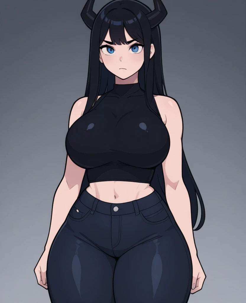 20 year old woman, busty, bubble butt, hourglass figure, skinny, blushing, frustrated expression, horny, seductive, black hair, long hair, wavy hair, bangs, wearing wearing black tshirt, jeans, choker, sneakers, tight fitting clothing, middrift, cleavage, anime, city at night, outside, punk, punk style, punk hair, doujin style, manga, flat colours, 2d manga