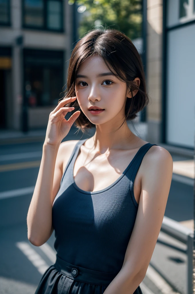 arafed asian woman in a gray tank top posing for a picture, a picture inspired by Ma Yuanyu, instagram, shin hanga, asian girl, with short hair, beautiful asian girl, an asian woman, korean girl, a young asian woman, young asian girl, wearing tanktop, 2 7 years old, lovely woman, 2 8 years old