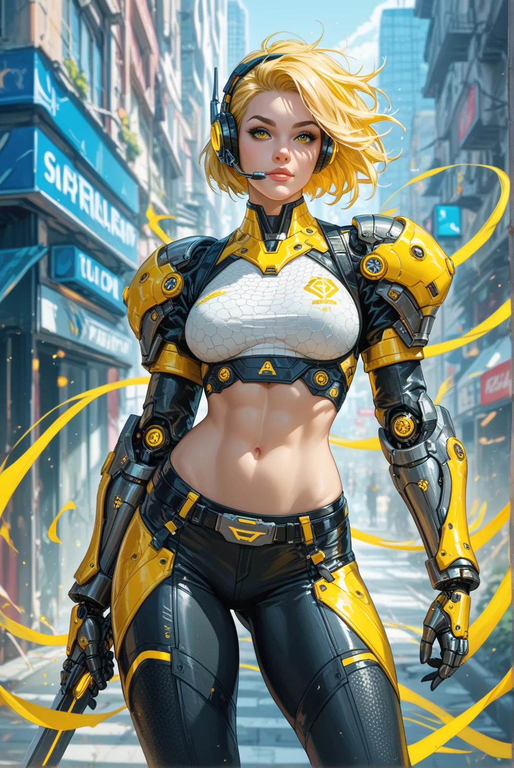 a woman in a amarillo y negro outfit posing for a picture, Senna de League of Legends, negro y amarillo, amarillo y negro, como personaje de supervisión, loba andrade de apex legends, elegante piel amarilla, lovely Brigitte de Overwatch, negro y amarillo colors, Brigitte de Overwatch, inspired by Yang J, con paños amarillos, chica anime ciberpunk, female chica anime ciberpunk