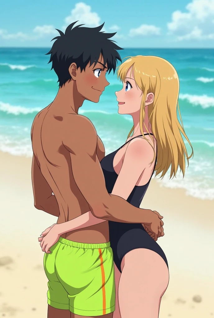 1boy and 1girl,(breast sucking:1.5),(man sucks her breasts:1.4),(Hyuuga miki,Final Romance, Long hair, Blonde hair,((Brown skin)),purple hair band,sea,bikini,large breasts,smile,wet,sea,water