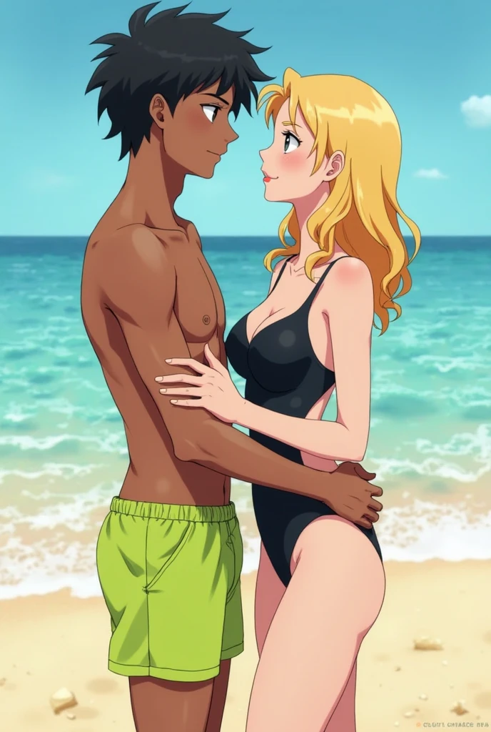 Anime concept art, Persona 5, 1male, 1female, Ann Takamaki and her black boyfriend, romance, milf, (((Ann Takamaki))), blonde hair, bushy pigtails, side bangs, detailed face, Huge-breasts, ((Interracial)), Netorare, male dominance, ((African man hugging Ann Takamaki)), cudding, loving smile, blushing, sidelocks, hourglass figure, wide thighs, pubic hair, full lips, expressive eyes, nude, at Africa beach, absurdres, 4k, amazing quality, masterpiece, best quality, extremely detailed, shadows, highly detailed, highres, very aesthetic, balanced lighting, masculine male, african tribal warrior, dark hair, naked body, dark skinned male