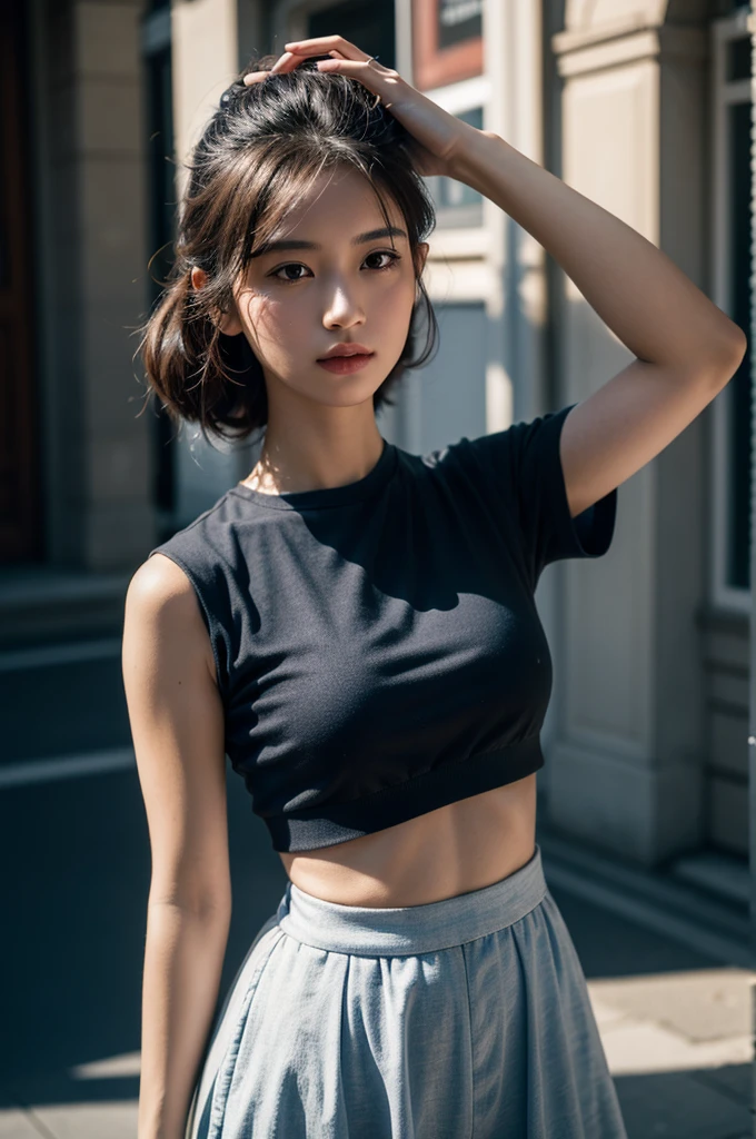 masterpiece、8K、32K、top-quality、(A detailed eye)、(A cute Japanese woman)、23years old、(2 girls in:1.4)、elegent、(Detailed background depiction),(pastel Sportsbra:1.2), BREAK (miniskirt:1.3)、Japan alley、is standing、Sunlight、during daytime、(smile:1.2)、(cowboy shot),(braless:1.4),(slender body:1.5),(Black short wavy pixie hair over one eye:1.3),cleavage,Glasses