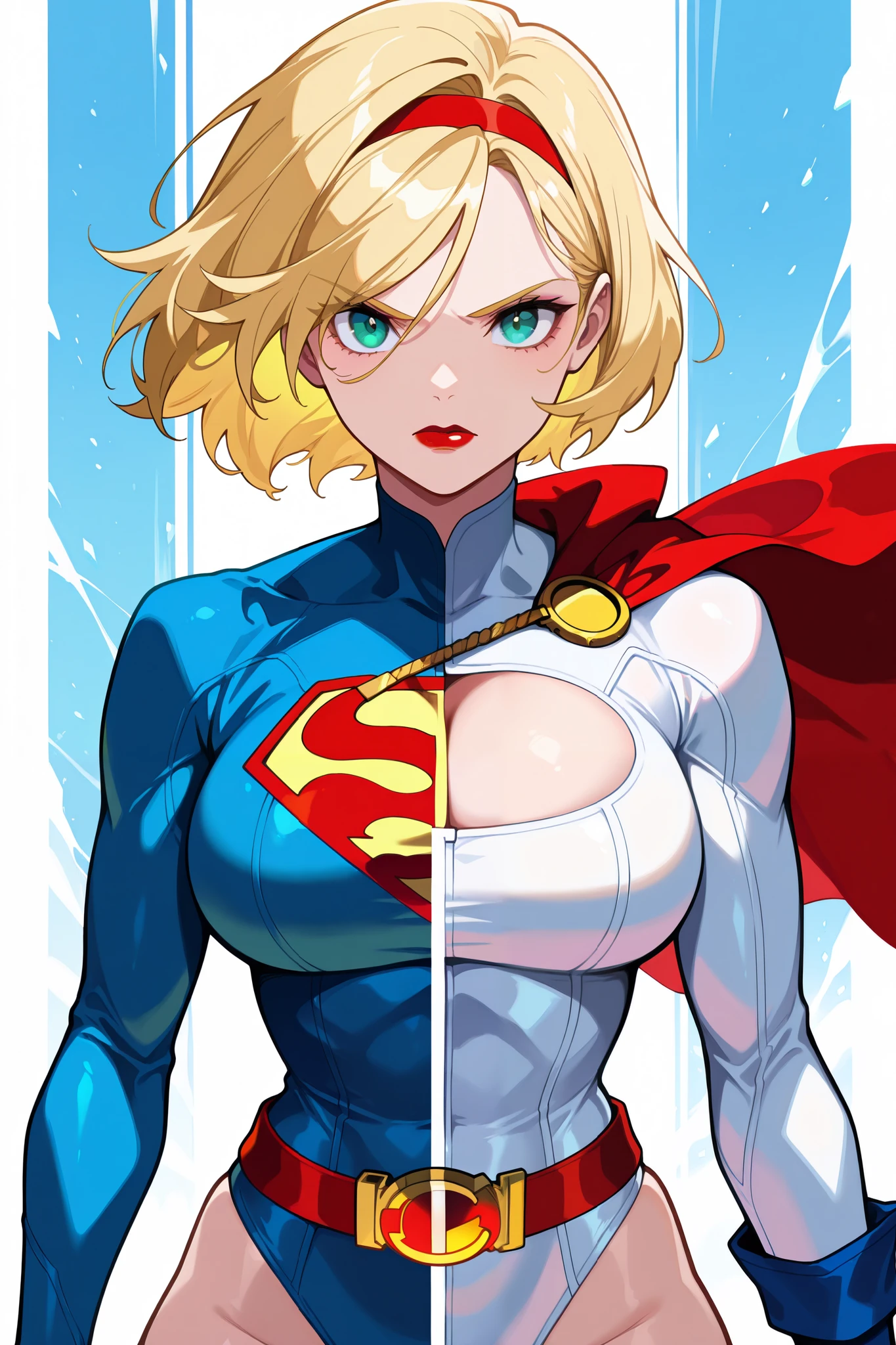masterpiece, best quality, amazing quality, very aesthetic, newest,(SplitScreen, split screen,cowboy shot), 1girl,
BREAK,power girl,blonde hair, green eyes, short hair, lipstick, white leotard,cleavage cutout,
BREAK,Supergirl,blonde hair, long hair, bangs, hairband, blue eyes, lipstick,blue crop top,