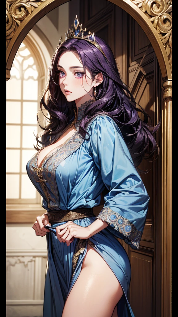 woman((30 years old)), hair((black, Wavy)), blue eyes,Cute eyes、Crowsex Maladores, Long sleeve), accessories ((necklace, Earrings)), Huge , Classic Bedroom, pirate ship, smile,(Saggy breasts
