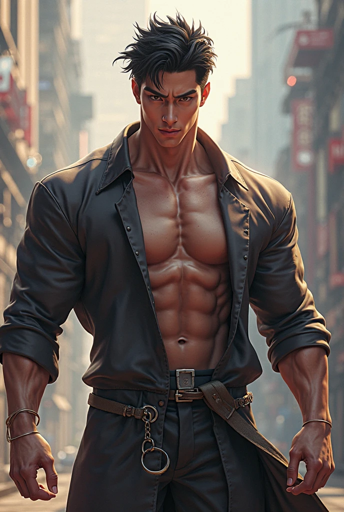 depth of field, cinematic lighting, motion blur, chromatic aberration, ray tracing, anime, 8k, super detail, best quality, 1080P, HD, 4K, 16k. Anime action hero, move poster scene, shirtless man, muscular
