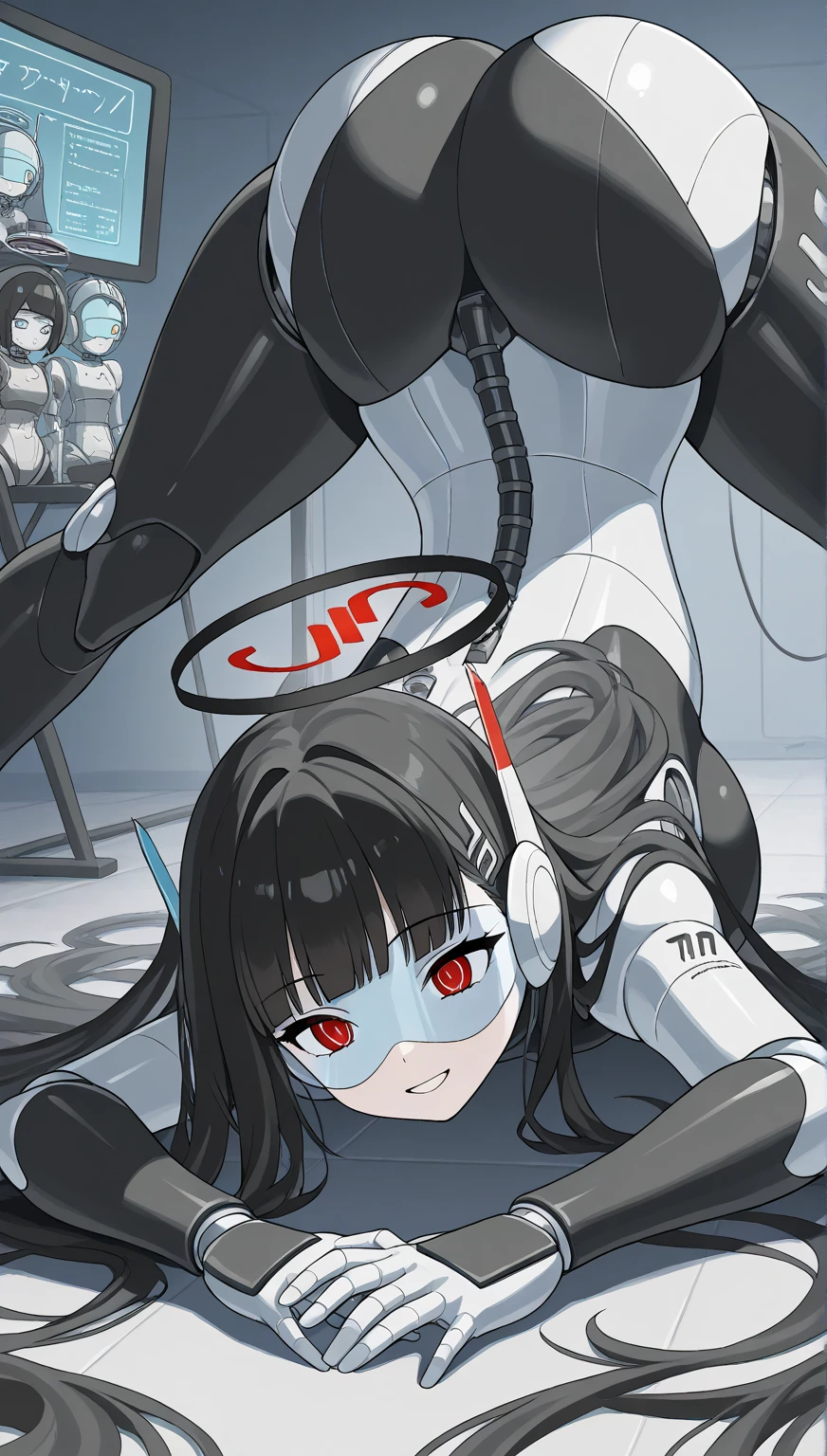 Gorgeous women photos, masterpiece, highest quality, Best Work, promotional art, beautiful face, (Equestrian machine):1.3、乗馬マシーンにstraddle、straddle:1.3,Tubes and cables、holds the smartphone in her hand、(Interior of white cyberpunk futuristic space station)、1 girl、solo、full body painting、chest、Sweat、tears、heart-shaped pupil、Ahegao、Steamed body、(blue and black bodysuit):1.2、(Futuristic latex bodysuit space suit):1.1,headphone、V arm、(blush:1.3)