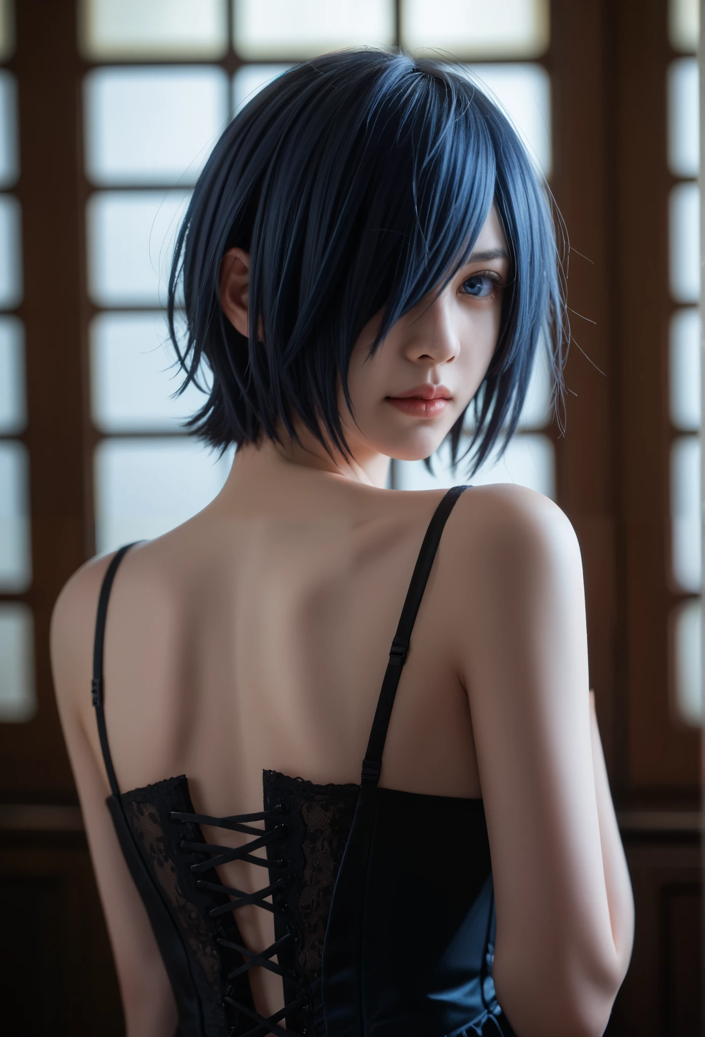 Kirishima Touka , Tokyo ghoul  > "Hyper-realistic gothic girl, short dark blue hair covering one eye, deep blue eye, perfect skin , wearing a detailed red and black corset dress with lace and ribbon details, dark fantasy atmosphere, cinematic lighting, ultra HD, intricate details, volumetric lighting, 4K render.",cinematic lighting, soft shadows, volumetric light , perfect smooth skin, delicate facial features, anime-style eyes, slight soft glow
 Kirishima Touka from Tokyo hairstyle 