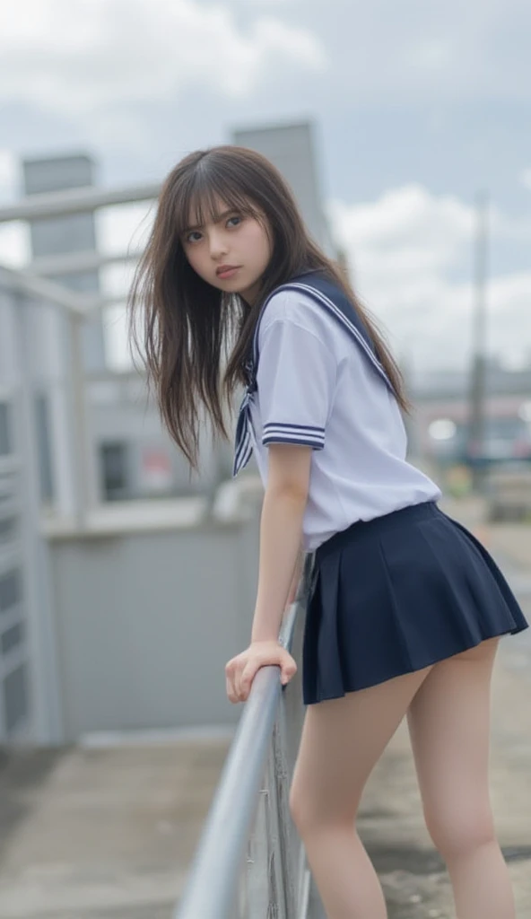 One Girl、blush、Embarrassed look、Perfect Anatomy、Short Bob、Small breasts、(((White student sailor uniform、Dark navy blue pleated student mini skirt、Black knee socks)))、((Hair tousled by the wind、Messy Hair、Broken hairstyle))、(((The wind blows up my skirt:1.3、White panties、Cute ass)))、Pay attention to the butt、Professional Lighting, Film Grain, chromatic aberration, (Eye and facial details:1.0), (Bokeh:1.1)、software:1.5)))、 Highest quality, 8K, 20talent, On the stairs of the station