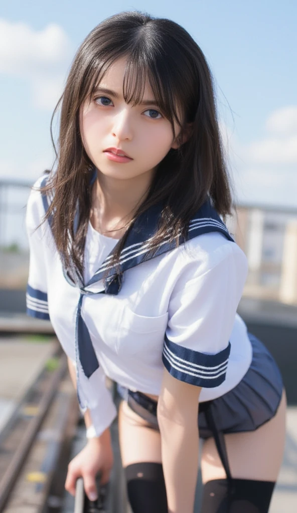 NSFW, 8k RAW photo, ((Sailor School Uniform))、a short skirt、White panties、Sitting with both knees bent、White panties can be seen from inside the skirt、Showing off white panties、top-quality, masterpiece,kawaii faces、dual、 A smile、kawaii faces、超A high resolution, film grains, filmg, 1girl in, looking at the viewers, natural skin textures, realistic eyes and face details, Perfect tooth alignment、Perfect eyes and perfect mouth、 bangss, Place your hands on the wall overhead、skirt by the、White panties、cparted lips, s lips,Wet in the rain、Clothes are disheveled、full body Esbian