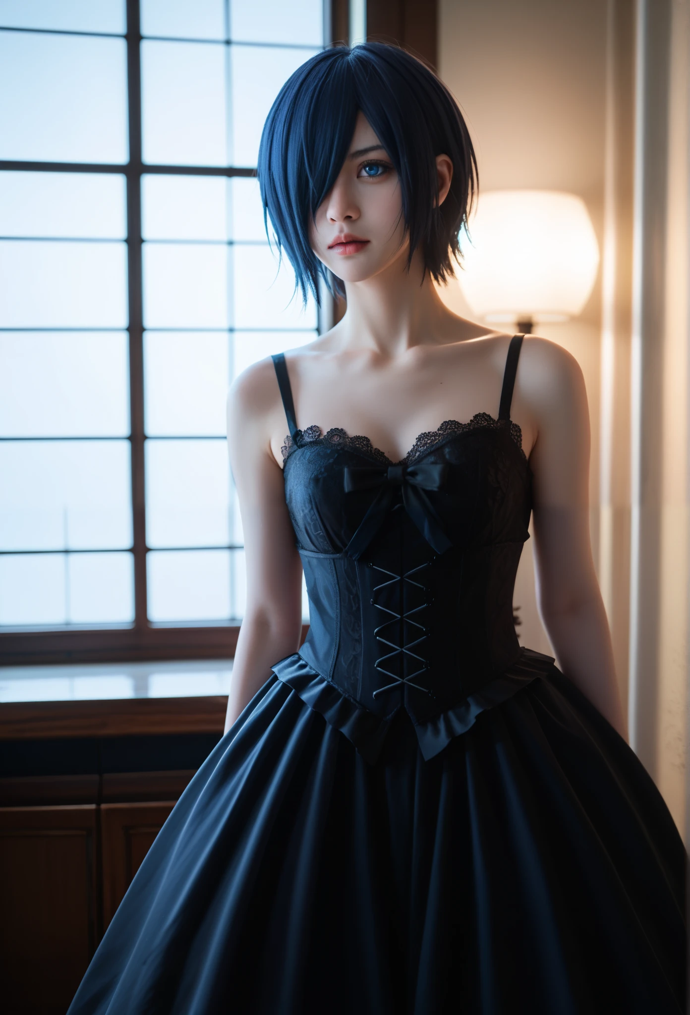 Kirishima Touka , Tokyo ghoul > "Hyper-realistic gothic girl, short dark blue hair covering one eye, deep blue eye, perfect skin , wearing a detailed red and black corset dress with lace and ribbon details, dark fantasy atmosphere, cinematic lighting, ultra HD, intricate details, volumetric lighting, 4K render.",cinematic lighting, soft shadows, volumetric light , perfect smooth skin, delicate facial features, anime-style eyes, slight soft glow
Kirishima Touka from Tokyo hairstyle